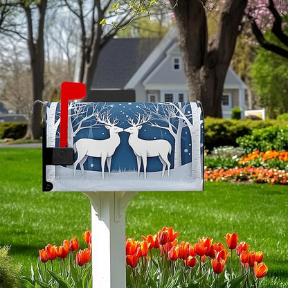 Winter Deer Mailbox Cover Snow Mailbox Covers Magnetic Standard Size 21x18 inch Christmas Post Letter Box Cover Outdoor Decor for Garden