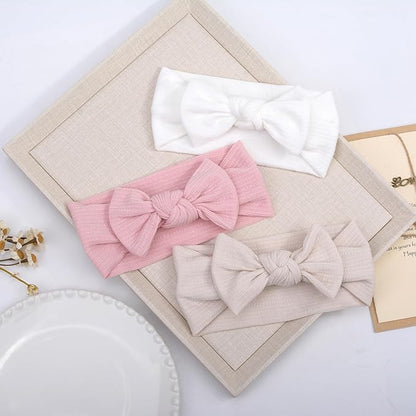 Handmade Baby Headbands Soft Stretchy Nylon Hair Bands with Bows for Newborn Infant Baby Toddler Girls- Pack of 3 (Set-B, 3 Count (Pack of 1))