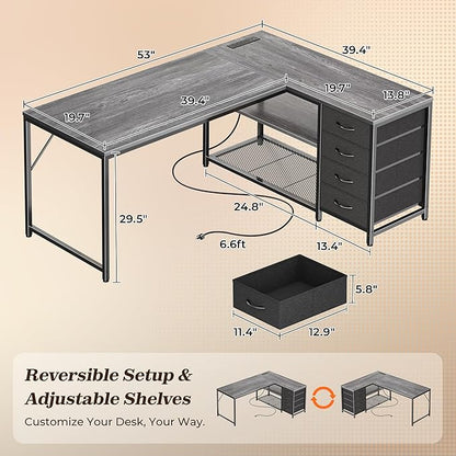 PRAISUN 53" L Shaped Desk with Power Outlets and USB-C Port, Reversible Computer Corner Office Desk with 4 Fabric Drawers and 2 Height-Adjustable Shelves, Large for Gaming Writing Work Study, Grey
