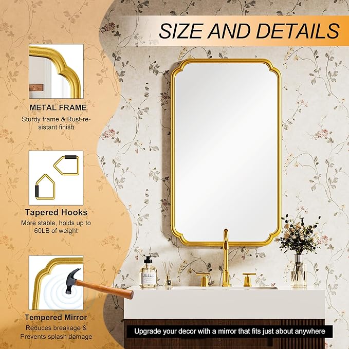 26"x40" Rustproof Bathroom Mirror Gold, Round Corner Metal Frame Wall Mirror, Horizontal/Vertical Hanging Over Sink, Bedroom Bathroom Decor