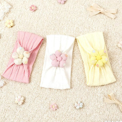 MIUXUESO 3 Piece Baby Girls Flower Headband, Florals Nylon Headband Soft Comfortable Elasticity Hairbands Baby Shower Newborn Essentials for Infant Toddlers (Yellow Pink White)