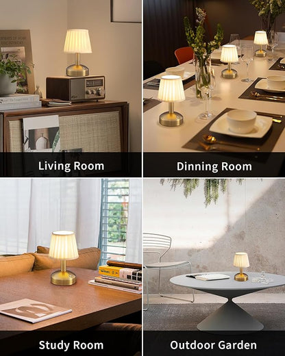 KDG Modern Cordless Small Table Lamp, Portable LED Fabric Shade Desk Lamps, 5000mAh Rechargeable Battery Operated Lighting for Bedroom, Bedside, Bar, Living Room, Dining Room, Night Light(Gold)