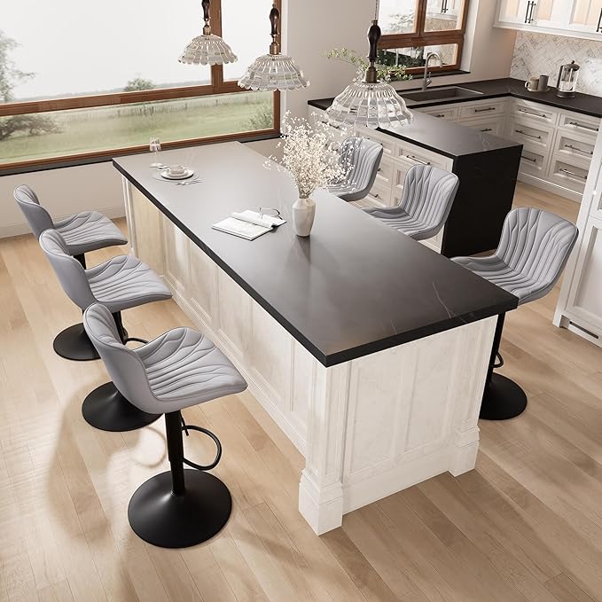 YOUNIKE Grey Bar Stools Set of 6 Modern Swivel Counter Height Bar Chair with Back Adjustable Kitchen Island Faux Leather Padded Barstools taburetes de bar Breakfast sillas para barra de cocina 6PCS