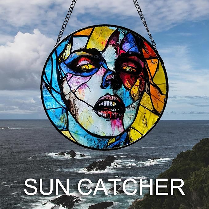 Stained Glass Window Hanging Halloween Horror Night Bloodstained Face Large 15" - Suncatcher Door Garden Sun Catcher Gothic Decor Birthday Evil Funny Gift for Mom Woman Nana Friend Men