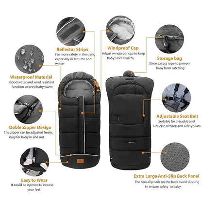 LAT Baby Warm Bunting Bag Universal,Stroller Sleeping Bag Cold Weather,Waterproof Toddler Footmuff(Basic,Black)