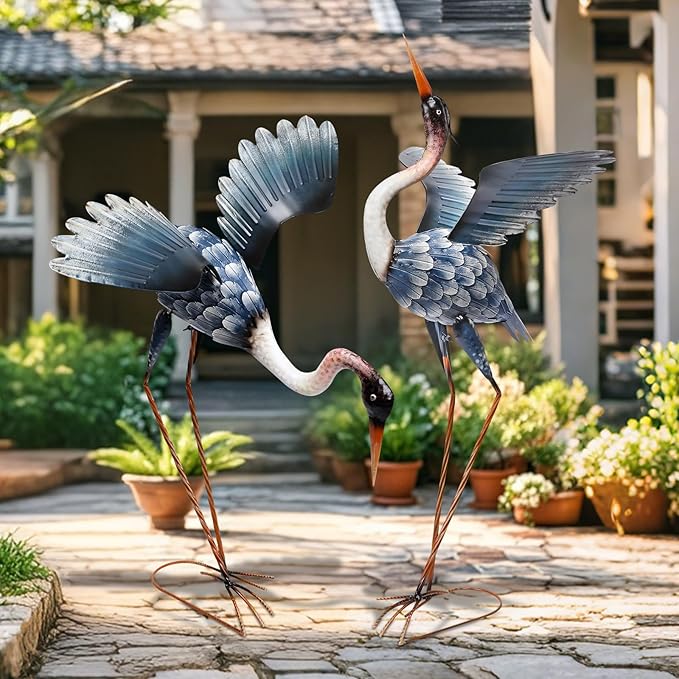 WONDER GARDEN Blue Heron Statue-Garden Statues for Outside - 2 Pack Crane Sculptures Statue, Metal Birds Yard Art for Pond, Patio, Outdoor, Porch Decor