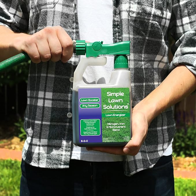 Commercial Grade Lawn Fertilizer with Iron- Liquid Fertilizer Spray- Nitrogen and Iron for Deeper Green Turf- Any Grass Type - Simple Lawn Solutions - Lawn Energizer - 32 Ounce