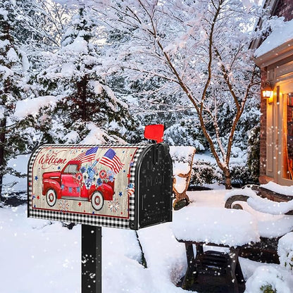 Welcome Red Truck Mailbox Cover 4th of July Mailbox Covers Magnetic Patriotic Post Letter Box Wrap Standard Size 21x18 in for Outdoor Garden Mail Box Decor Floral Buffalo Plaid