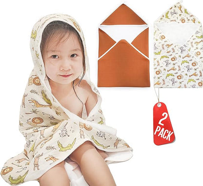 2-Pack Muslin Hooded Baby Towels, 100% Cotton, Towels for Babies, Infants, Toddles, Soft and Absorbent for Boy and Girl, Double Layered Towel with Hood, Babies Muslin Towel Set (Cute Animals)
