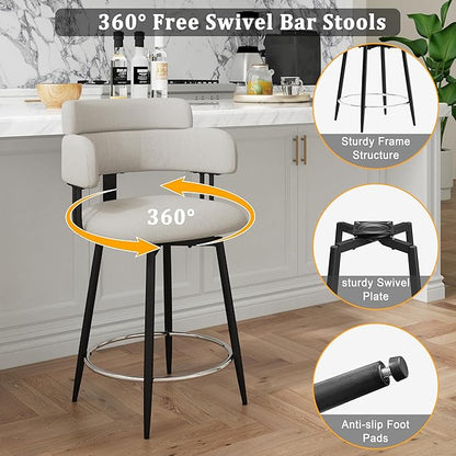 Swivel Bar Stools Set of 2, Counter Height Bar Stools with Ergonomic Full Back, Upholstered Linen Fabric Barstools with Chrome Metal Footrest for Kitchen Island, Dining Room
