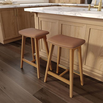Plank+Beam Beryl Counter Height Stool - Mid-Century Modern Rubberwood Bar Stool with Faux Leather Seat, Metal Footrest, Easy Assembly, 4-Pack, Pecan/Toffee