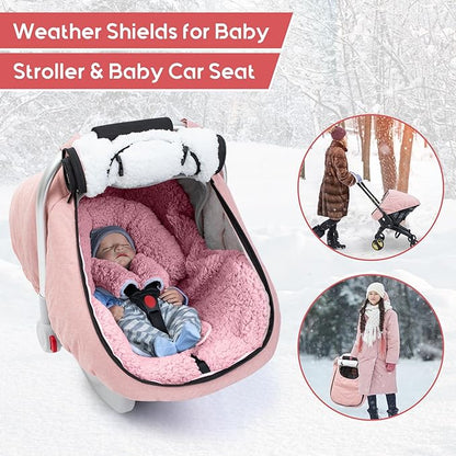 Winter Baby Car Seat Cover, Waterproof Carseat Cover with Zipper Peep Window, Warm Sherpa Fleece Lining, Universal Infant Car Seat Canopy Stroller Cover for Rain Snow Cold Weather (Pink)