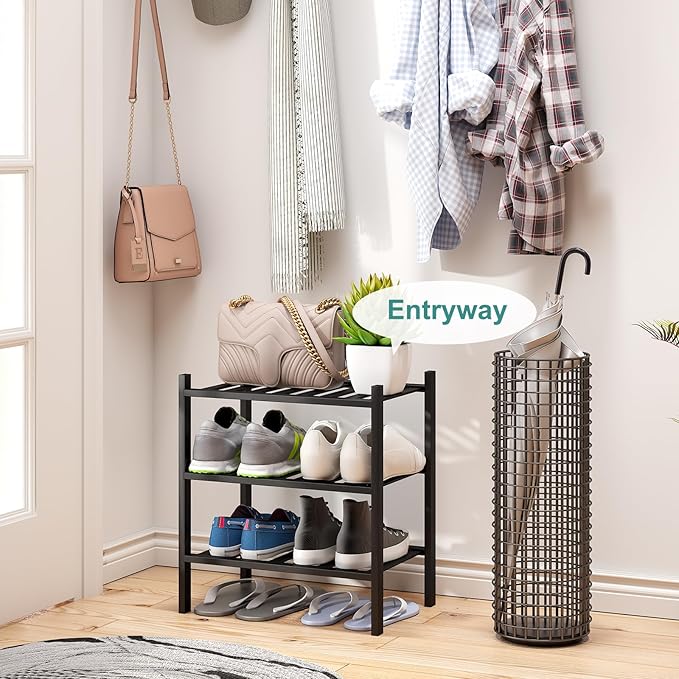 Small Shoe Rack for Entryway,3-Tier Black Bamboo Shoe Organizer for Hallway Closet, Free Standing Shoe Racks for Indoor Outdoor