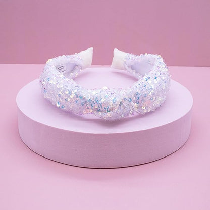 FROG SAC Sequin Knot Headband for Girls, White Knotted Hair Bands Accessories for Kids, Sparkly Iridescent Little Girl Headbands, Cute Fashion Hairbands for Tweens Stocking Stuffers for Children