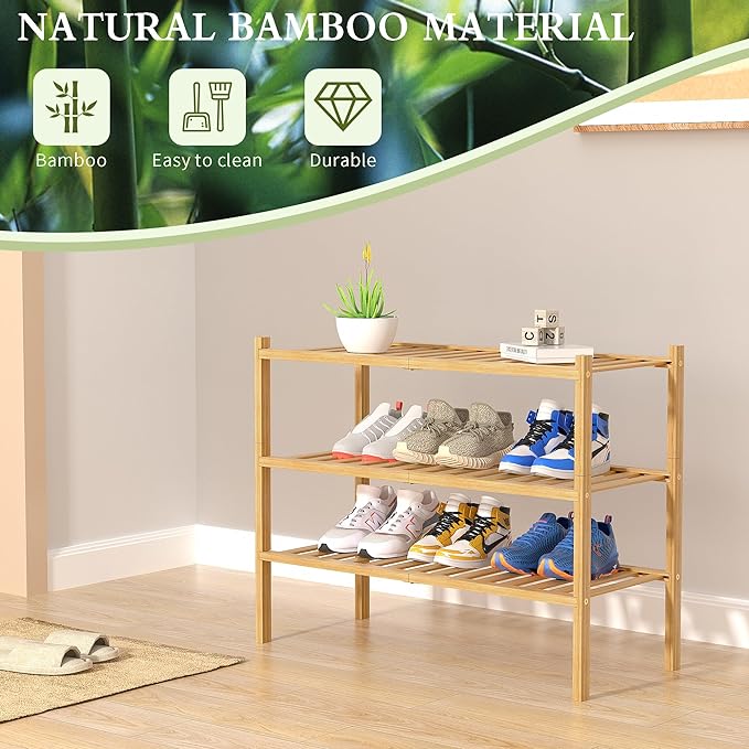 3 Tier Bamboo Shoe Rack for Closet Free Standing Wood Shoe Shelf Storage Organizer for Entryway Small Space Stackable 27"x11"x20" (Natural)