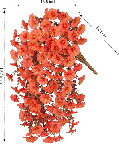 Fake Mums Artificial Fall Hanging Flowers for Outdoors Decoration, 2 PCS Fake Silk Morning Glory with Brown Eucalyptus UV Resistant Plants for Wall Home Porch Patio Balcony Yard Decor (Orange)