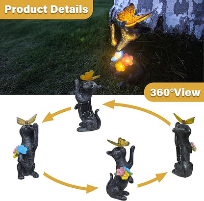 Solar Cat Garden Decoration Outdoor Statues - Cat with Butterfly Flowers Decorative Figurine for Yard Patio Lawn Porch Pathway Landscape Ornament Funny Birthday Gift for Mom Women