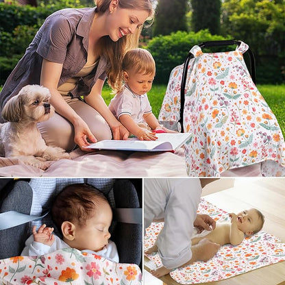 Metplus Car Seat Cover Baby Girl, 100% Muslin Cotton Infant Carseat Covers, Lightweight Breathable Car Seat Canopy, Summer Stroller Sun Shade, Newborn Travel Essentials (Colorful Flower)