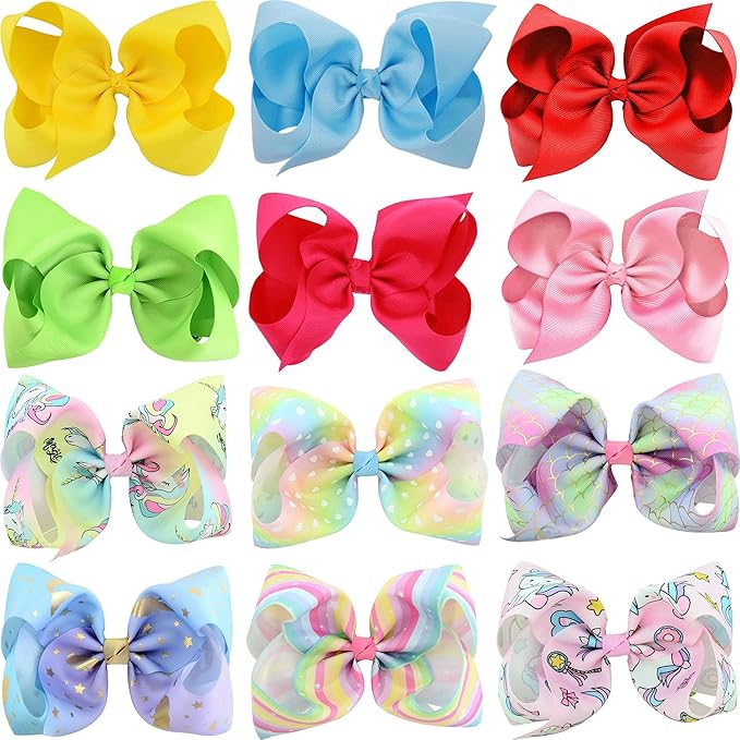 Eyegla Hair Bows For Girls Large Bow Hair Clips Girl Hair Bows For Hair 6 Inch Grosgrain Ribbon Hair Accessories Pack of 12 Color