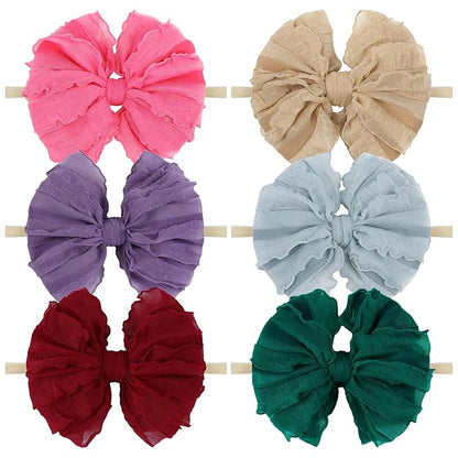 YanJie Girls Newborn Ruffled Lace Headbands - Soft Nylon Elastics, Handmade Hairbands and Accessories for Infants and Toddlers (Khaki, Wine Red, Rose, Blue, Purple)