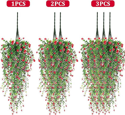 Artificial Hanging Flowers, 3 Pcs Fake Hanging Plants Artificial Vines for Outdoors, Fake Ivy Vine UV Resistant No Fade Faux Plants for Indoor Outside Garden Patio Yard Greenery Decoration (Red)