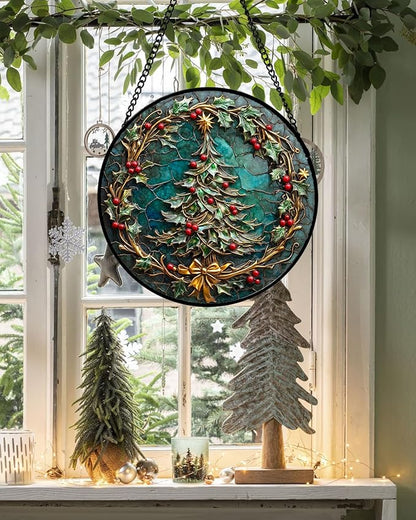 Stained Glass Window Hangings - Red Gold Green Wreath Suncatcher for Door Home Christmas Tree Decoration Sun Catcher Thanksgiving New Year Birthday Gift for Women Men Mom Grandma 9.8 in