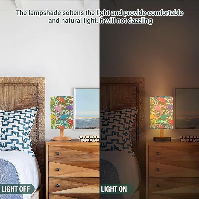 Colorful Chameleon Cartoon Lizard Animal in Green Tropical Leaf Table Lamp with Wood Base Fabric Lamp Shade Bedside Nightstand Desk Lamp for Living Room Bedroom Kids Room Office