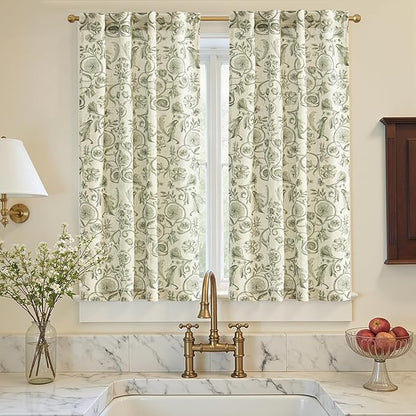 jinchan Small Window Curtains 45 Inch Linen Floral Curtain Set for Kitchen Bathroom Cafe Curtains Light Filtering Window Treatment Farmhouse Cottagecore Back Tab Drapes 2 Panels Green on Beige