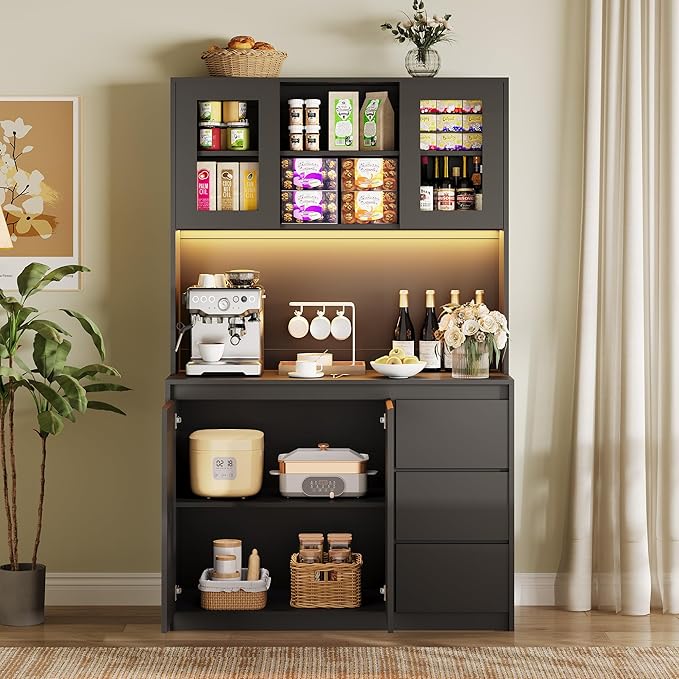 Garvee Kitchen Pantry Cabinet,71" Tall Storage Cabinet with Doors and Shelves Adjustable, Kitchen Storage Hutch with Microwave Shelf, Led Lights and Charging Station,Corner Pantry Cabinet, Black