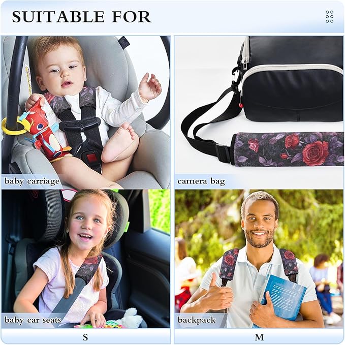 CHIFIGNO Red Roses Purple Leaves Seat Belt Cover Pad Pack of 2 Seat Belt Strap Cover Universal Car Seat Shoulder Strap Pads for Adults Women Kids