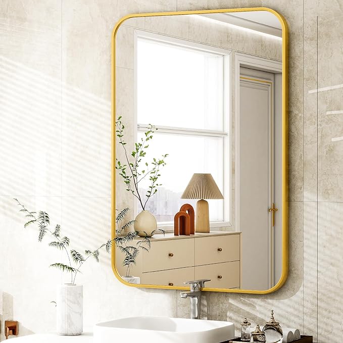 26 x 38 Inch Bathroom Mirror, Rounded Rectangular Vanity Mirror for Wall, Modern Mirror for Room Decor, Gold Framed Wall-Mounted Mirrors for Home Decor, Hangs Horizontally or Vertically