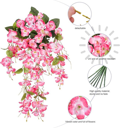 Artificial Hibiscus Fake Hanging Flowers Plants for Outdoors Spring Summer Decoration, 4pcs Pink Silk Hibiscus Long Trailing Vines UV Resistant Realistic Faux Flower for Outside Front Door Porch Patio