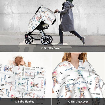 Personalized Winter Baby Car Seat Cover with Name Rabbit Winter Car Seat Cover for Baby Seat or Stroller Custom Infant Car Seat Covers Bunny Minky Blankets Nursing Cover Breastfeeding Scarf