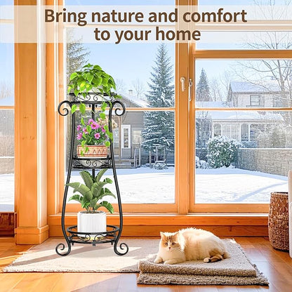 LASZOLA 3 Tier Black Metal Plant Stand for Multiple Large Planters Indoor Outdoor Organizer, Heavy Duty Tall Flower Stand for Corner Patio Bathroom Office, Modern Sturdy Vertical Iron Rack, Cat Proof