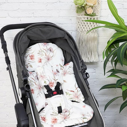 Infant Car Seat Insert and Strap Covers, Very Soft Car Seat Head Support Baby Girl Boy, Reversible Newborn Carseat Insert Cushion Fits for Stroller, Baby Swing, Bouncer (White Flower)