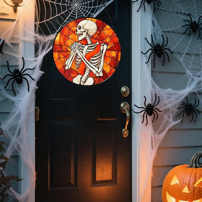 Stained Glass Window Hanging - Halloween Decorations Fear Skeleton Suncatcher for Doors Garden Indoor Spooky Funny Sun Catchers Gothic Decor Horror Gifts for Women Men Friend 6.3 in