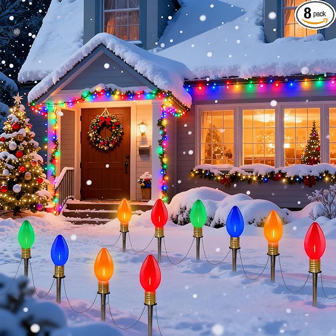 2 Pack C9 Christmas Pathway Stake Lights, 14Ft Total Outdoor Christmas Decorations with 8 Jumbo Multicolor LED Bulbs, Energy Saving Walkway Lights for Lawn Yard Garden Driveway Sidewalk Holiday Decor