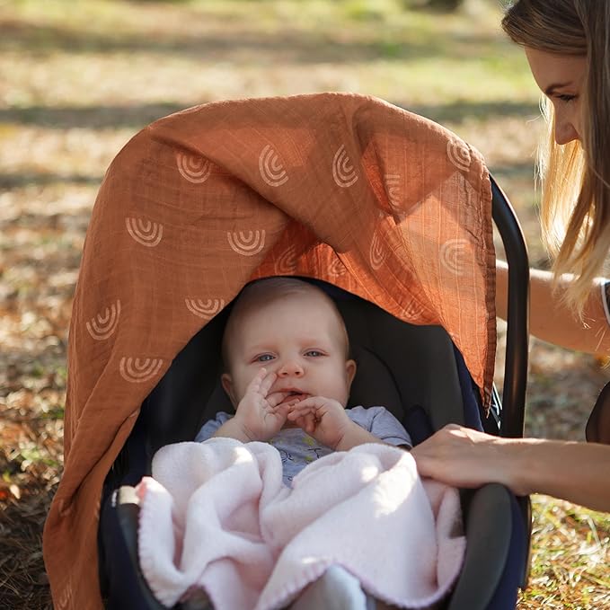Meracorallo Muslin Baby Car Seat Cover, Boho Rainbow Infant Carrier Cover Lightweight Breathable Soft Carseat Canopy for Baby Boys and Girls