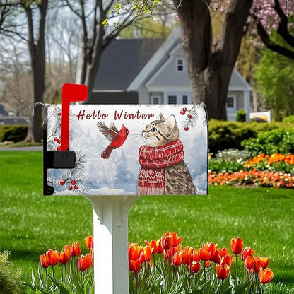 Hello Winter Cat Mailbox Cover Cardinal Bird Mailbox Covers Magnetic Snow Snowflake Post Letter Box Cover Standard Size 21x18 inch for Garden Outdoor Yard Decor
