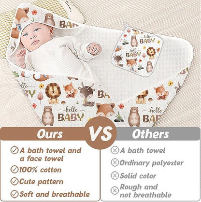 1PCS Wildlife Theme Baby Bath Towels, Hooded Baby Towel for Newborns, Toddler Bath Towel for Boys or Girls, Soft & Absorbent, with 1 Toddler Face Towels 32 * 32IN