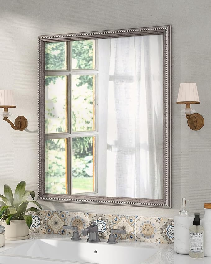 Axeman 30x36 Wood Wall Mirror, Rustic Bathroom Mirror, Vintage Wall Mounted Mirror Tempered Glass with Beaded Wooden Frame for Farmhouse Living Room Vanity Bedroom Entryway, Grey