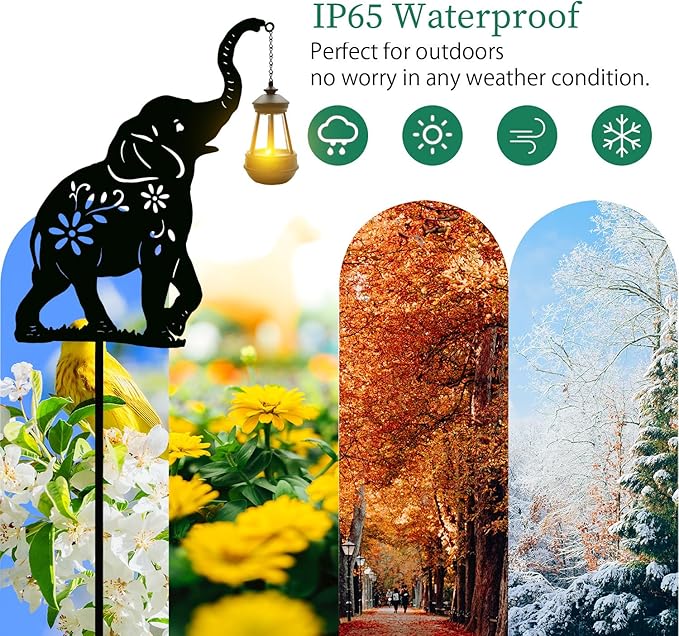 Solar Elephant Garden Stakes Outdoor Solar Decor Metal Elephant Holding Solar Animal Lantern Decorative Garden Metal Animal Stakes Outdoor Elephant Silhouette Stakes
