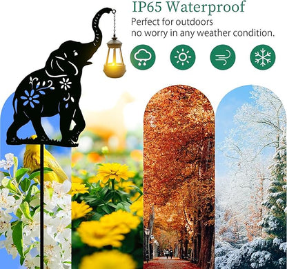 Solar Elephant Garden Stakes Outdoor Solar Decor Metal Elephant Holding Solar Animal Lantern Decorative Garden Metal Animal Stakes Outdoor Elephant Silhouette Stakes