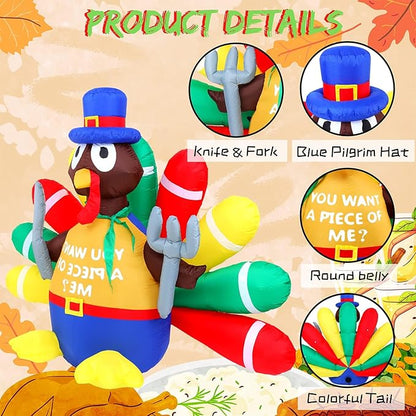 Thanksgiving Inflatable Turkey Decorations -5FT LED Light Up Pilgrim Hat & Colorful Tail -Holding Knife and Fork Turkey Blow up Yard Decor Outdoor Indoor Lawn Garden Home Autumn Holiday Harvest