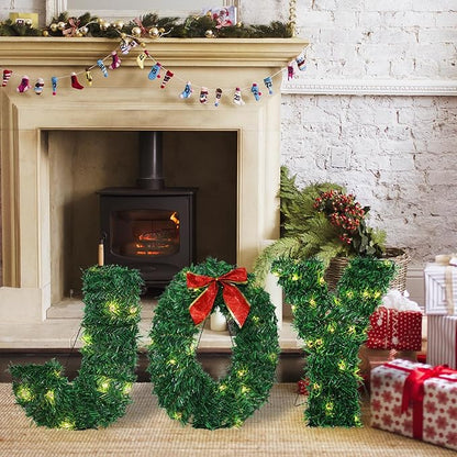 3 Piece Outdoor Joy Christmas Decoration, Lighted Joy Yard Signs Yard Lights Display Set for Christmas Outdoor Patio Lawn Green Decor