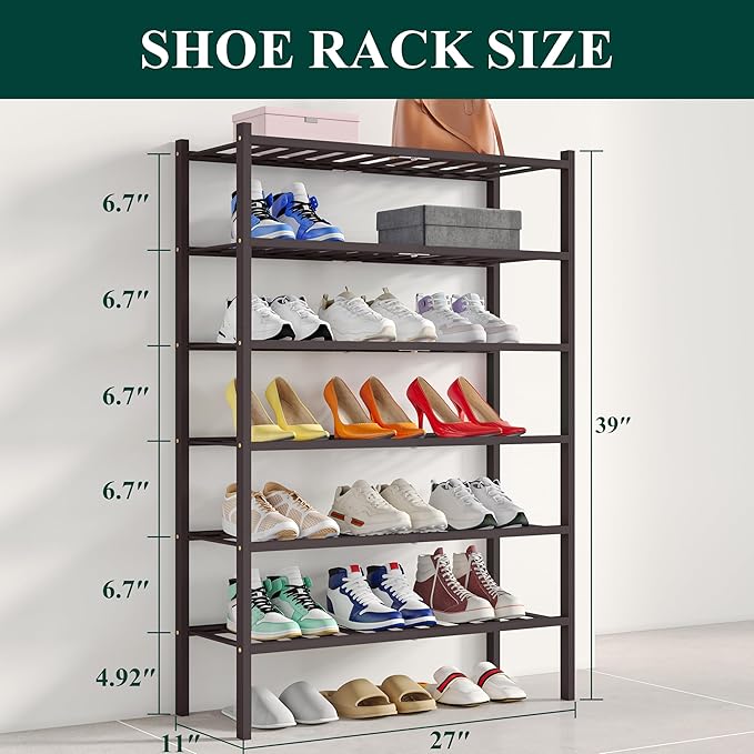 Smiry Shoe Rack, 6 Tier Bamboo Shoe Organizer, Stackable Free Standing Wooden Shoe Storage Shelf for Closet, Entryway, Front Door Entrance, Brown