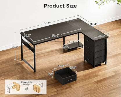 AODK L Shaped Gaming Desk with 4 Drawers, 53" Reversible Home Office Desks with Power Outlets, L Shaped Computer Desk with USB Charging Port and Host Stand, Corner Desk, Easy to Assemble, Black