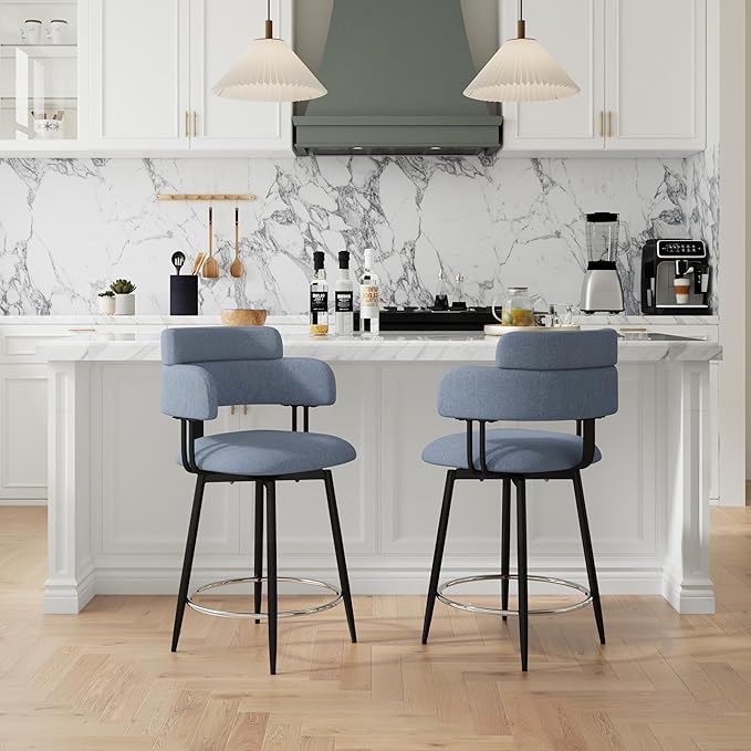 Swivel Bar Stools Set of 2, Counter Height Bar Stools with Ergonomic Full Back, Upholstered Linen Fabric Barstools with Chrome Metal Footrest for Kitchen Island, Dining Room