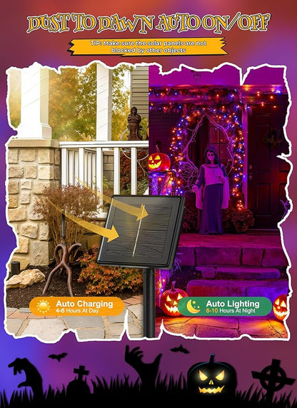 Brightown 4 Pack Solar Halloween String Lights, Total 184FT 480 LED Solar Lights Outdoor Waterproof Black Wire with 8 Modes, Solar Fairy Light for Garden Yard Patio Party Decors, Orange and Purple