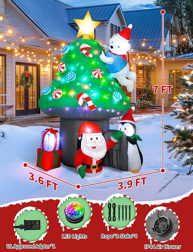 Christmas Inflatable Outdoor Decoration, 7FT Blow Up Mushroom House with Santa, Polar Bear & Penguin, Built-in Colorful Light Inflatable Christmas Tree & Gift Boxes for Xmas Party Yard Lawn Patio